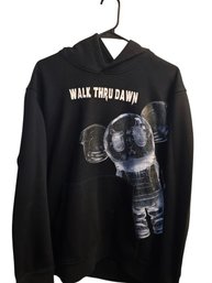 XL- Black Graphic Print Hoodie With The Text 'WALK THRU DAWN'.