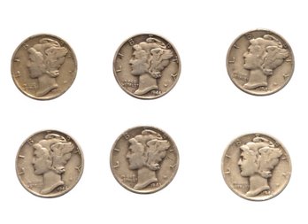 6- 90% Silver Mercury Dimes, A Type Of US 10-cent Coin Minted From 1916 To 1945.