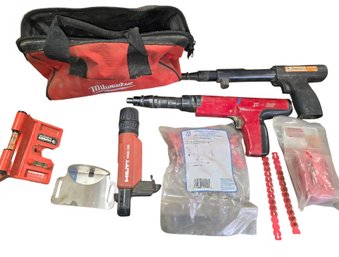 Collection Of Powder-actuated Tools And Related Accessories From Brands Like Hilti, Milwaukee, And Husky.