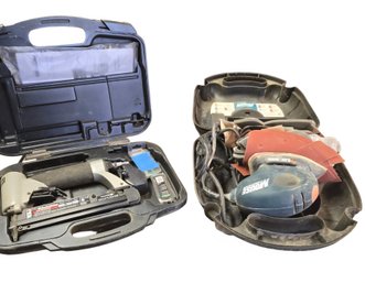 Porter-Cable 23-gauge Pin Nailer And A Black & Decker Mouse Sander, Each In Its Own Case.