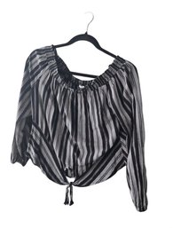 Medium-Arizona Jean Co Black And Grey Striped Off-shoulder Blouse With A Tie-front Hem.