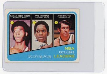 1972 Topps Kareem Abdul-jabbar Nate Archibald John Havlicek Scoring AVG Leaders Basketball Card