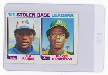 1982 Topps Tim Raines Rickey Henderson 1981 Stolen Base Leaders Baseball Card