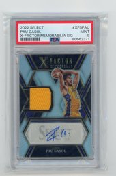 2022 Panini Select Pau Gasol XFactor Silver Prizm Game Used Jersey Autograph Basketball Card Graded PSA Mint 9