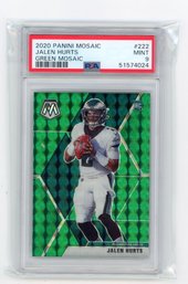 Jalen Hurts Rookie Card 2020 Panini Mosaic Green Mosaic Prizm Refractor Football Card Graded PSA Mint 9
