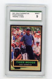 Tiger Woods Rookie Card 2001 Golf Superstar Promo Golf Card #'d To 10000 Graded SPA Mint 9