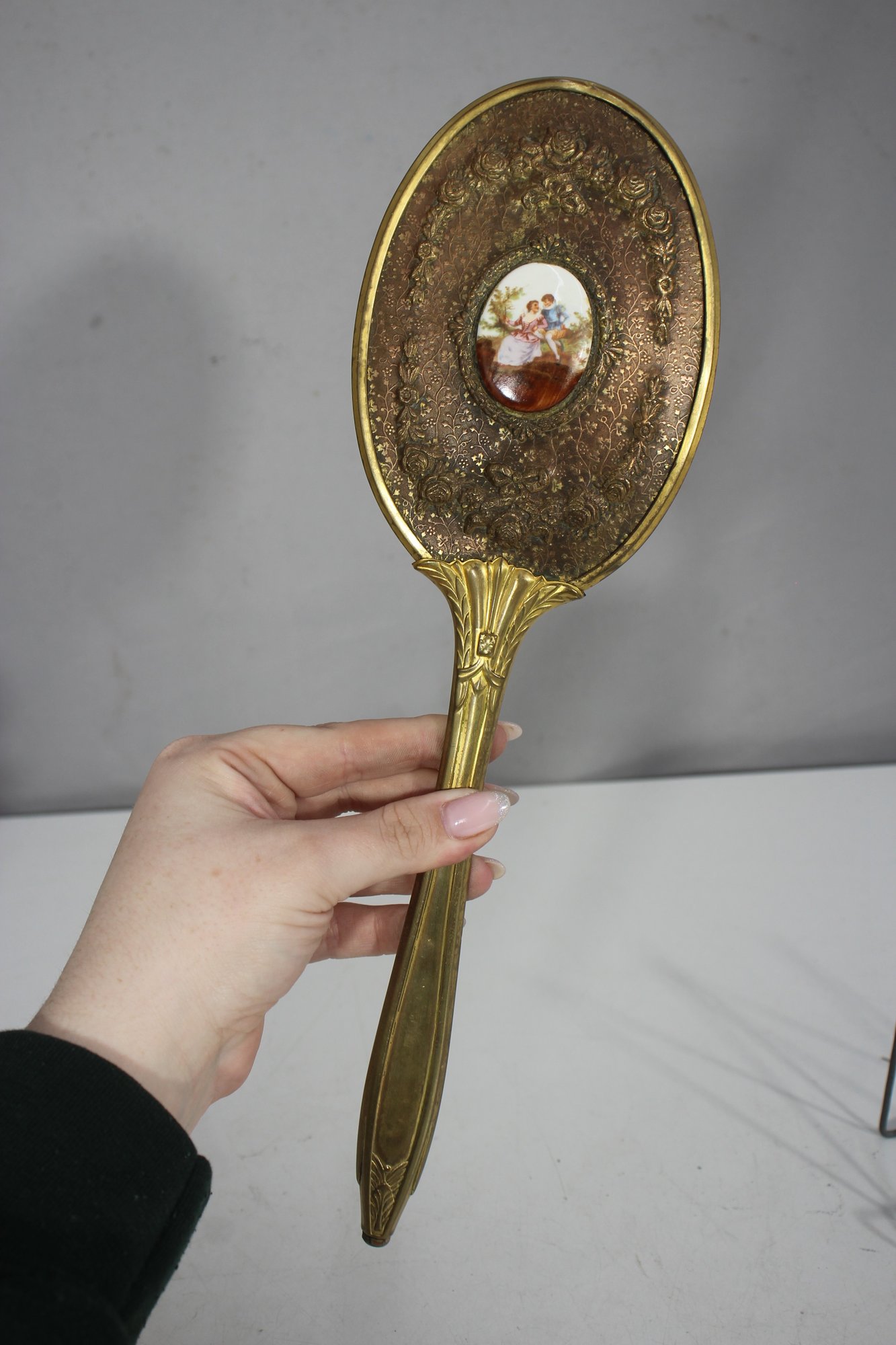 Antique Brass Hand Mirror With Porcelain Medallion 13.5\, image size:1333x2000
