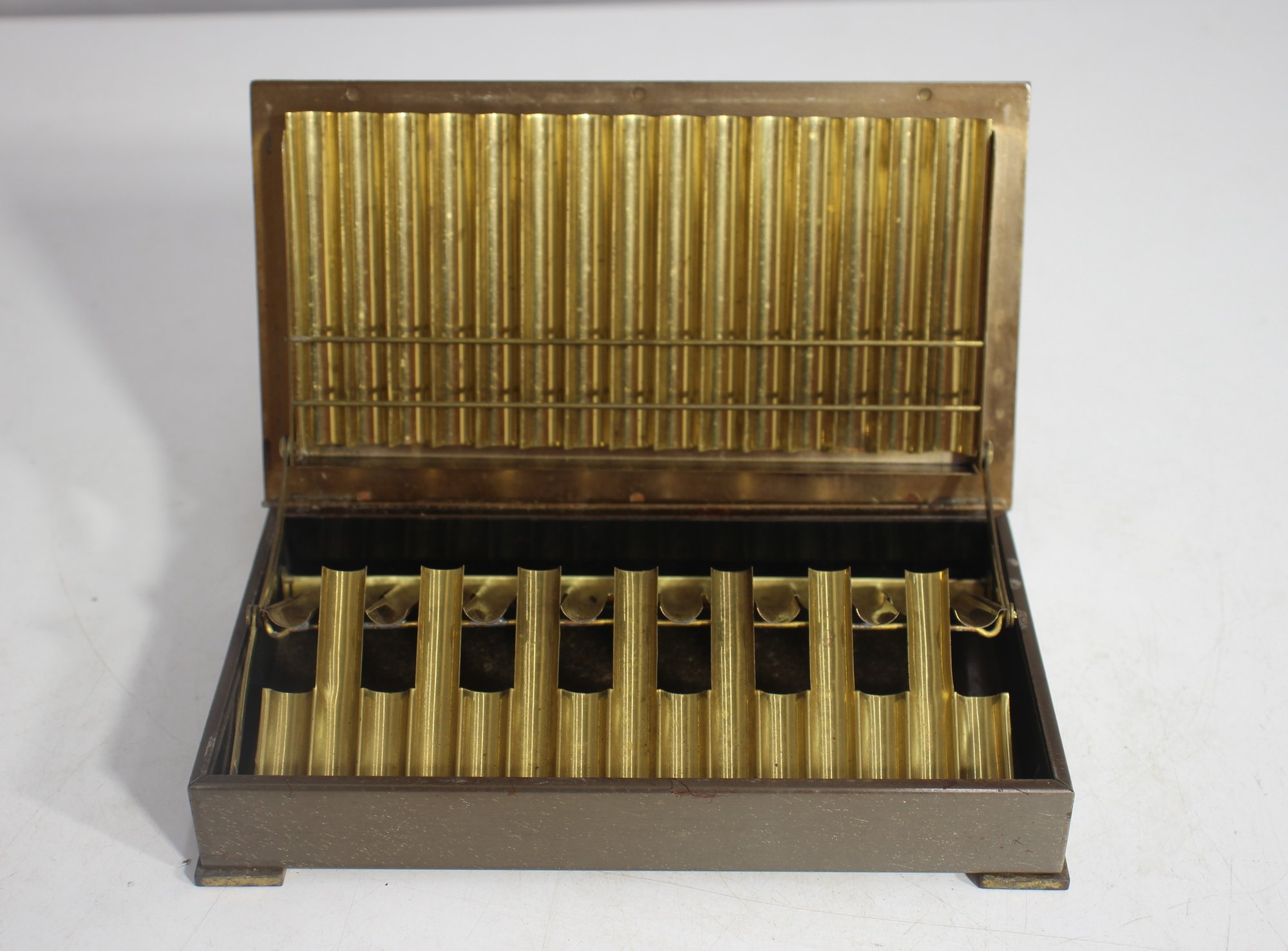 vintage brass cigarette case 1940s Park Sherman Tiered Brass Tabletop Cigarette Case Vintage Art Deco  -4