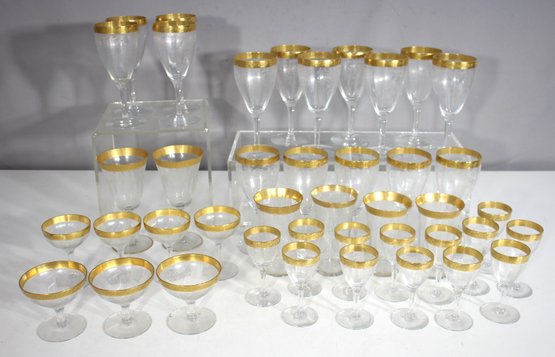 Partial Set  Vintage Etched Glassware With Gold Gilt Rim  41 Pcs Assorted Stems & Tumblers