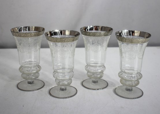 Set Of (4) Vintage Etched Glass Goblets  6 Tall With Silver Overlay Rims