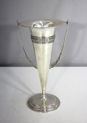 Antique Silver-Plated Trophy Vase  12' Tall With Ornate Handles & Etched Band