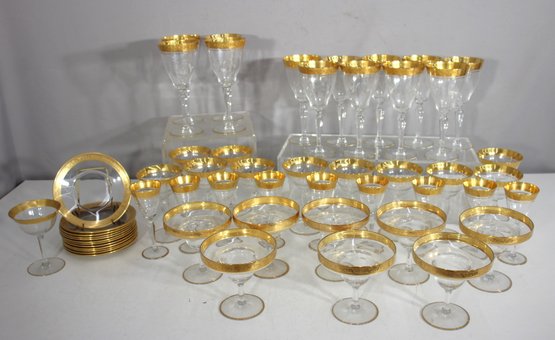 Vintage Partial Set Of Elegant Gold-Rimmed Glassware  Etched & Gilded Accents