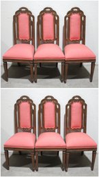Set Of 6 Vintage Dining Chairs  Carved Wood Frames & Pink Upholstery