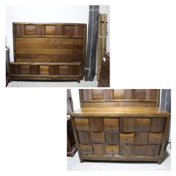 Mid-Century Modern Walnut Bed Frame And Matching Dresser Set-(full Size Bed )