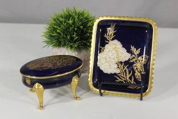 Vintage Cobalt Blue Porcelain Trinket Box And Tray Set With Gold Trim And Floral Design