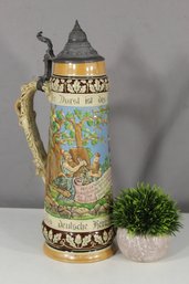 Large Antique German Beer Stein With Hand-Painted Relief Scene And Pewter Lid