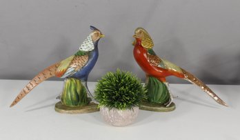 Pair Of Hand-Painted Italian Ceramic Pheasants  Vibrant Colors With One Feather Damage