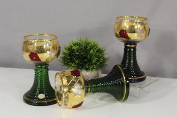 Set Of 3 Vintage Echt Gold Gilded Goblets With Green Glass Stem