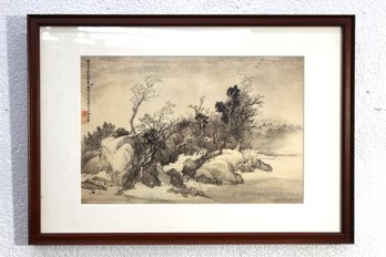 Elegant Chinese Landscape Painting - Framed Print With Calligraphy And Seal Marks