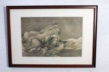 Framed Chinese Landscape Print  Intricate Mountainscape With Red Stamps