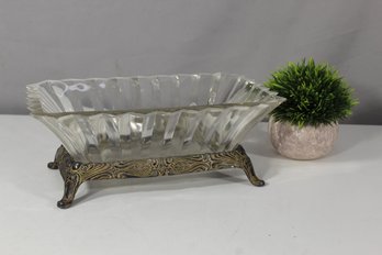 Vintage Art Deco Glass Dish With Ornate Brass Base  Elegant Decorative Bowl