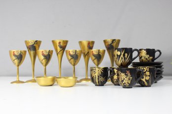 Exquisite Vintage Lacquerware Tea & Goblet Set With Hand-Painted Gold Detailing  Roosters And Floral Motifs