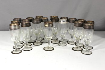 Set Of 18 Vintage Silver Rimmed Champagne Glasses  Elegant Stemware Collection