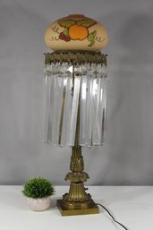 Bronze Table Lamp With Hand-Painted Shade And Crystal Prisms