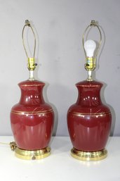 Pair Of Alsy Burgundy Ceramic Table Lamps With Brass Base
