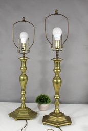 Pair Of Vintage Brass Table Lamps With Hexagonal Bases