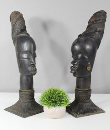 Pair Of Hand-Carved African Busts With Base Marked 'Malino'