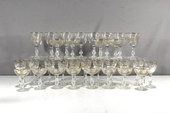 Set Of Vintage Crystal Stemware With Gold Accents - 24 Pieces