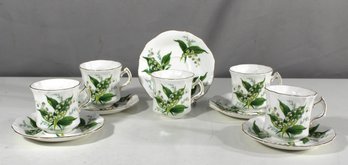 Set Of 5 Vintage Lily Of The Valley Fine Bone China Tea Cups And Saucers