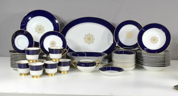 Partial Set Of Elegant Cobalt Blue And Gold Trimmed Porcelain Dinnerware-Over 70pcs