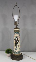 Vintage 33' Ceramic And Brass Lamp With Hand-Painted Medieval Design