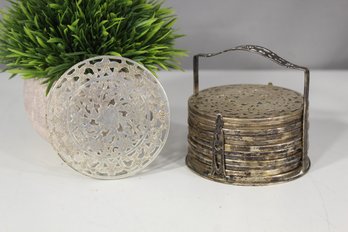Vintage Sterling  SilverFiligree Coaster Set With Holder