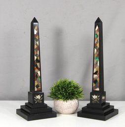 Pair Of 14' Black Marble Obelisks With Inlaid Stone Accents