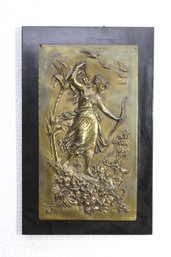 Antique Brass Relief Wall Plaque Of Goddess On Black Wood Mount