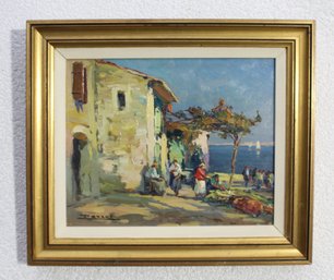 Signed Impressionist Oil Painting On Board - Seaside Village Scene