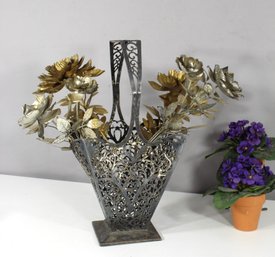 Silver-Plated Vase With Gold And Silver Metal Flowers