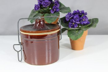 Vintage USA Stoneware Bean Pot With Lid And Metal Handle