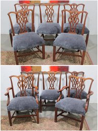 Set Of 8 Chippendale Style Dining Chairs W/ Carved Lattice Backs & Upholstered Seats (2 Arm, 6 Side)