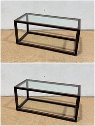 2 Modern Glass Top Coffee Tables W/ Wood Frame  Minimalist / Industrial  18.5 H X 42 W X 18