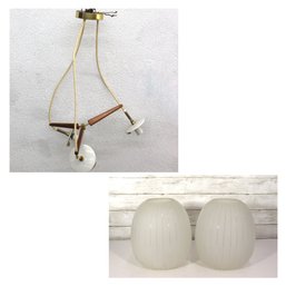 Modern Mid-Century Style Hanging Light Fixture  Two White Glass Shades  Ceiling Pendant