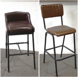 Pair Of Vintage Industrial Bar Stools  Leather Upholstery & Metal Frame