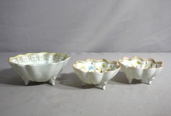 Three Antique Scalloped Hand Painted Footed Bowls
