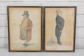 Pair Antique English Satirical Character Prints View From Baxters Livery Stables Cambridge Framed 12.5' X 9