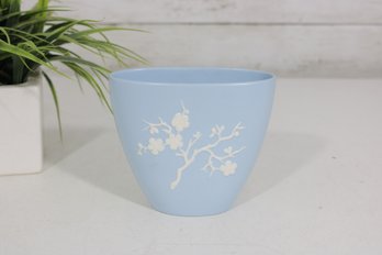 Wedgwood Jasperware Pale Blue Vase  Raised White Floral Relief  4.5' X 5' England