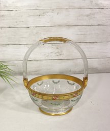 Decorative Glass Basket With Gilt Metal Mounts & Floral Decoration  Crack Near Handle  10 X 7.5 Round