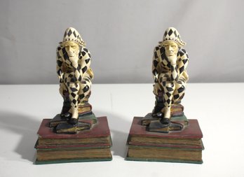 Harlequin French Hand Painted Jester Bookends -( Chip On The Corner )
